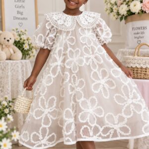 Girls' Floral Embroidered Lace Overlay Party Dress