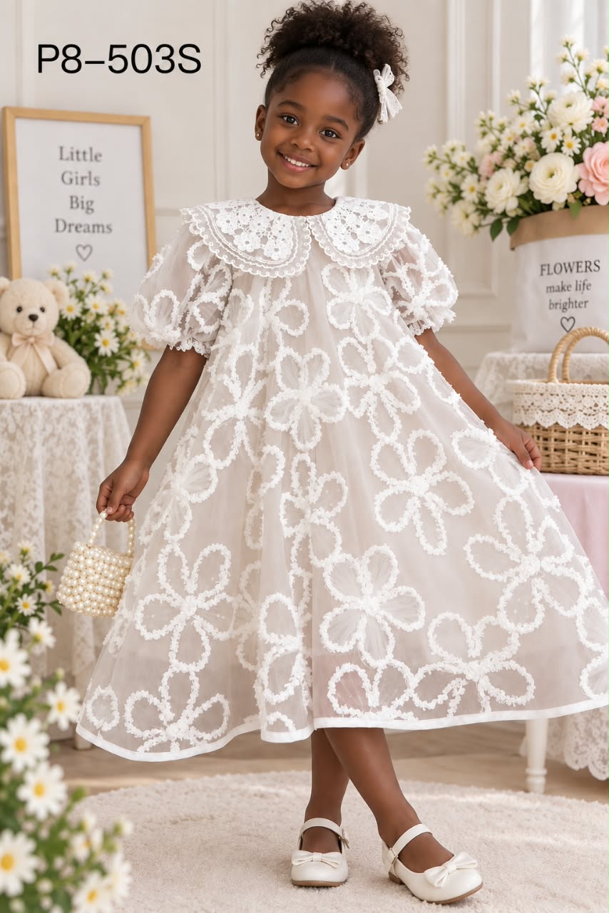 Girls' Floral Embroidered Lace Overlay Party Dress