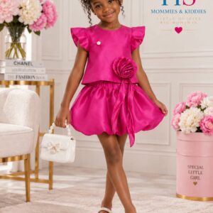 Flutter-Sleeve Rosette & Bubble Skirt Set