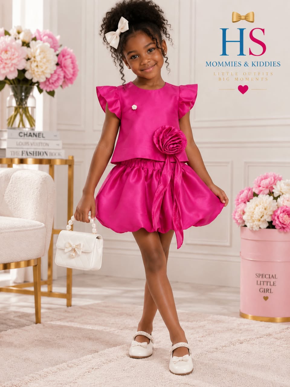 Flutter-Sleeve Rosette & Bubble Skirt Set