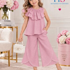 Ruffle-Collar Top & Pearl-Trim Wide-Leg Set