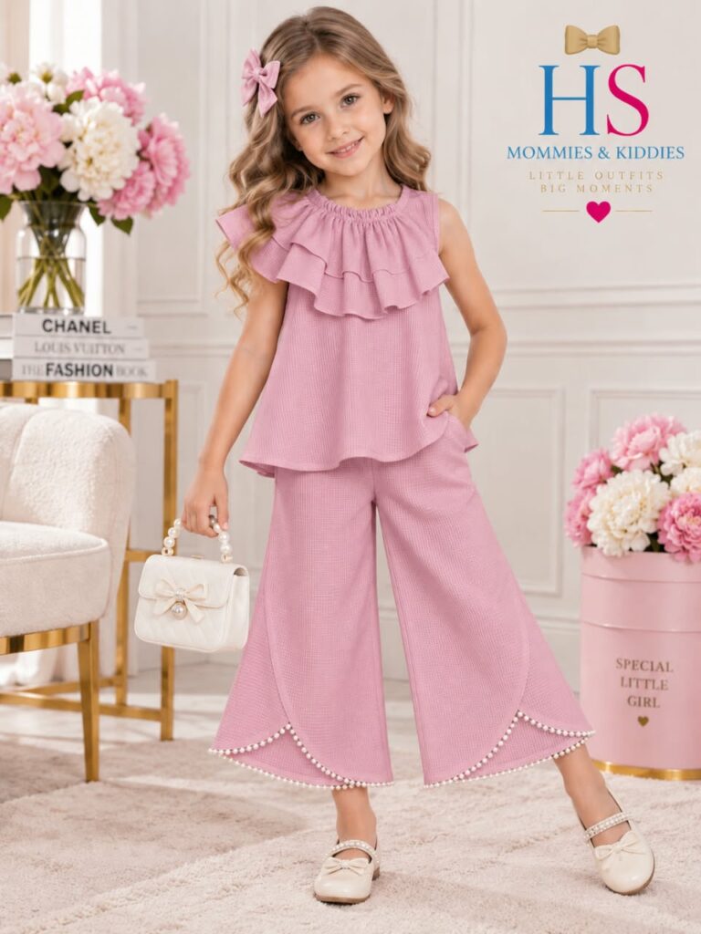 Ruffle-Collar Top & Pearl-Trim Wide-Leg Set