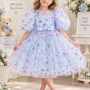 Floral Appliqué Puff-Sleeve Party Gown