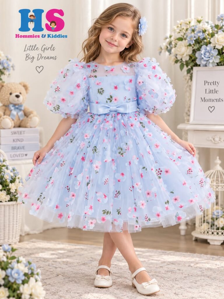 Floral Appliqué Puff-Sleeve Party Gown