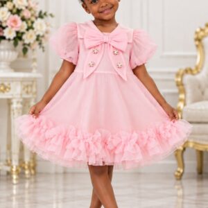 Girls' Vintage Bow & Ruffle Party Dress